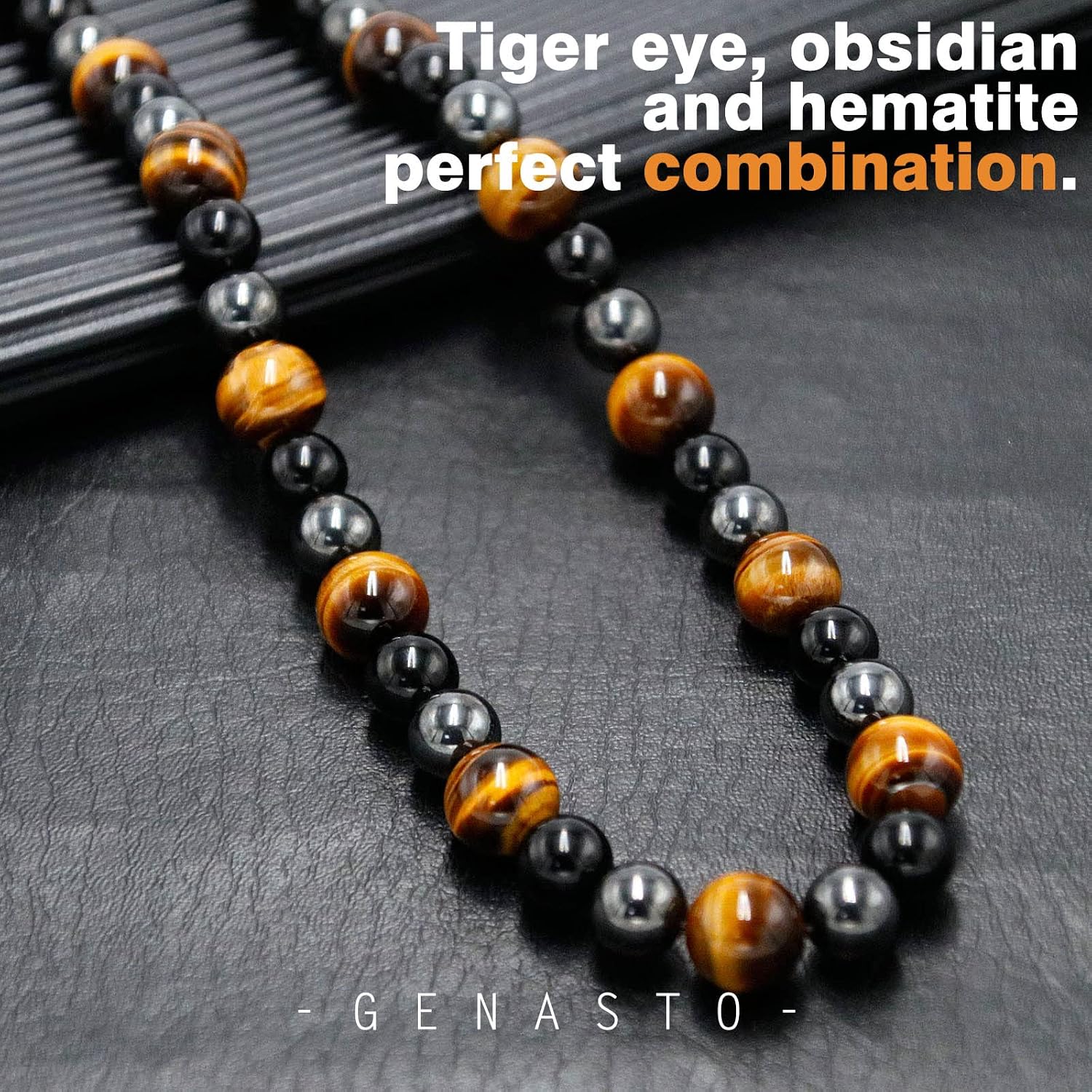 Detalle 2 de GENASTO Healing Crystal Necklace: Black Obsidian, Tiger Eye & Hematite for Triple Protection