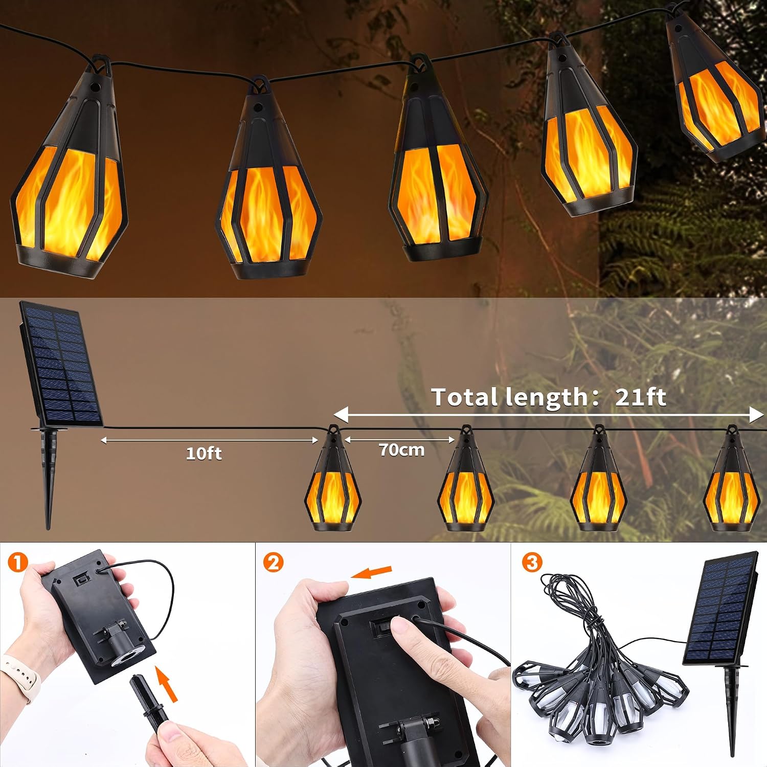 Detalle de Geemoo Solar-Lichterkette außen mit Flammen-Effekt (6,3 m, 10 Flammen-Bulbs, IP65)