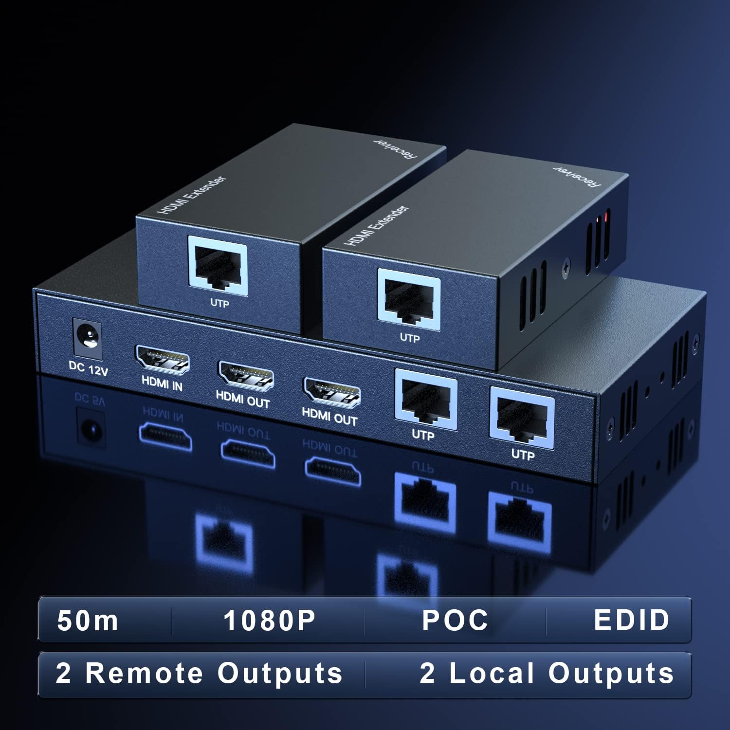 Detalle 2 de PWAYTEK HDMI Extender Splitter 1x2 1080P@60Hz Over Cat Cable (50m) with EDID Copy and POC