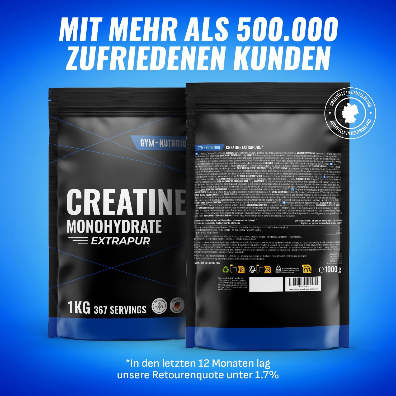 Detalle 2 de Creatin Monohydrat Pulver 1kg hochdosiert