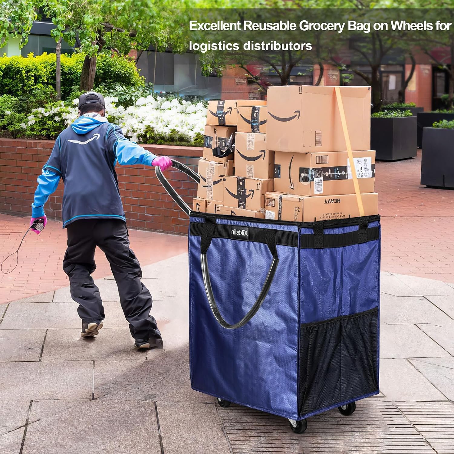 Thumbnail 4 de Medium Navy Reusable Grocery Bag on Wheels, 70L Foldable Rolling Tote with 4 Heavy-Duty Wheels