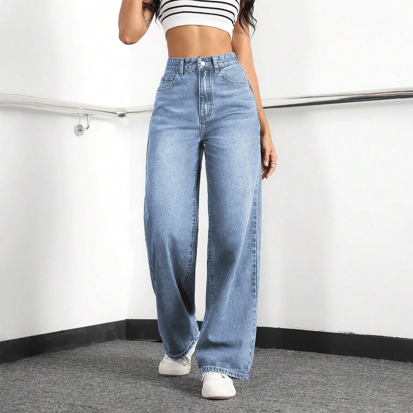 Detalle de Mars Power Straight Leg Jeans for Women: High-Waisted, Wide-Leg, Baggy Boyfriend Denim