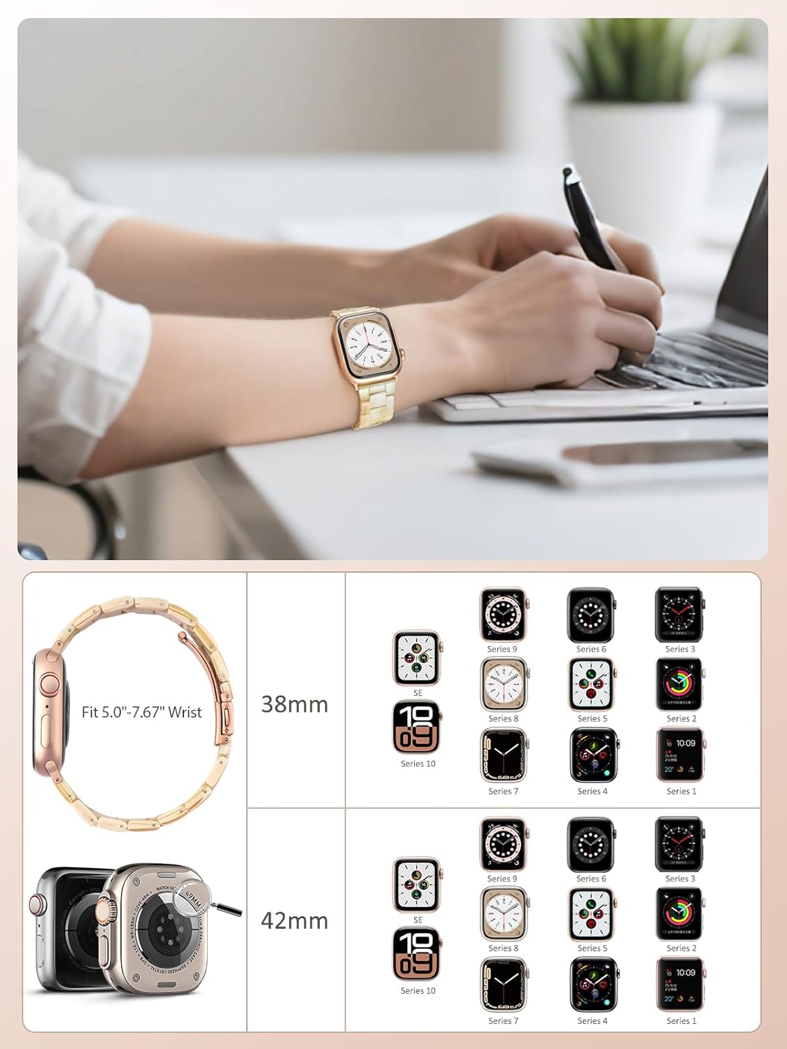 Thumbnail 3 de V.R.HOPE Modern Resin Strap for Apple Watch (Beige – Rose Gold) 38–42mm