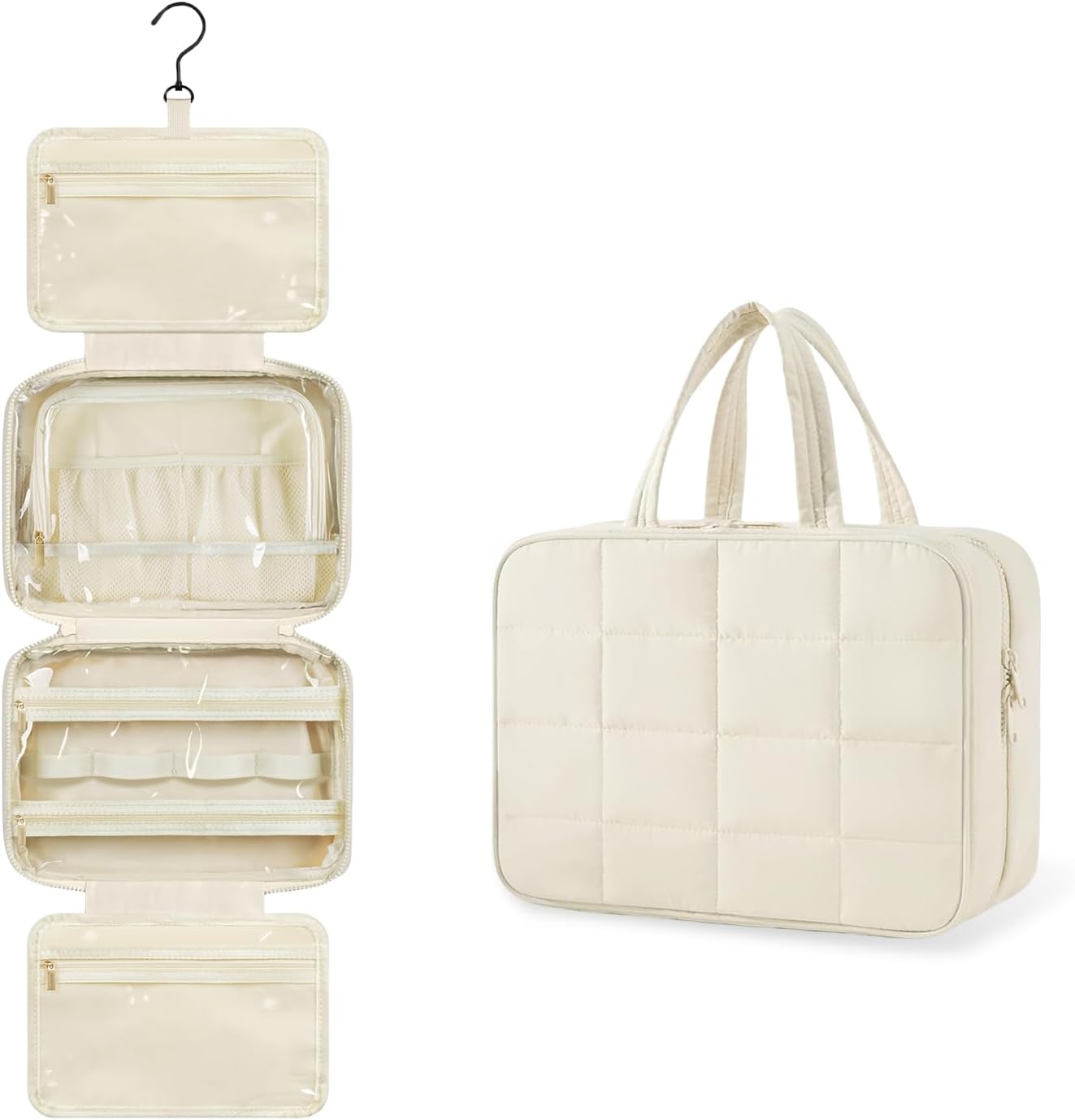 Aucuu Trousse de Maquillage Suspendue Grande - Grande Capacité avec Crochet et Compartiments, Beige