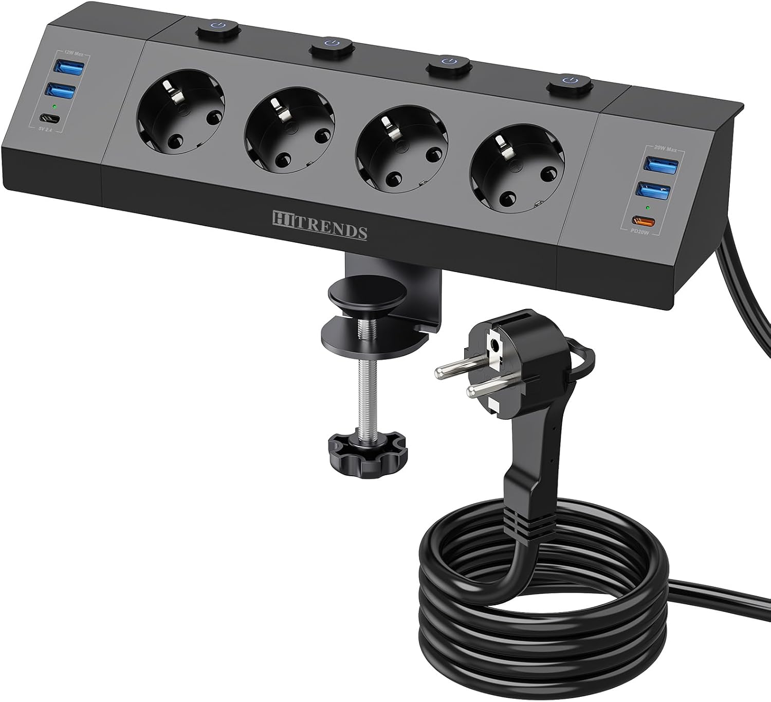 Detalle de HITRENDS 4 Prises de Table-Noir tafelstopcontact met 4 stopcontacten en 6 USB-poorten