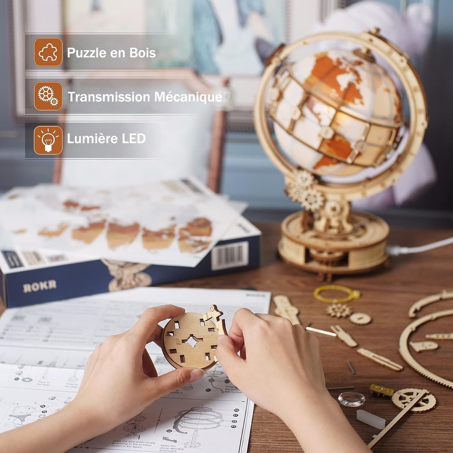 Detalle de ROKR Maquette Bois Globe Lumineux 3D – Puzzle 180 pièces et globe rotatif en bois