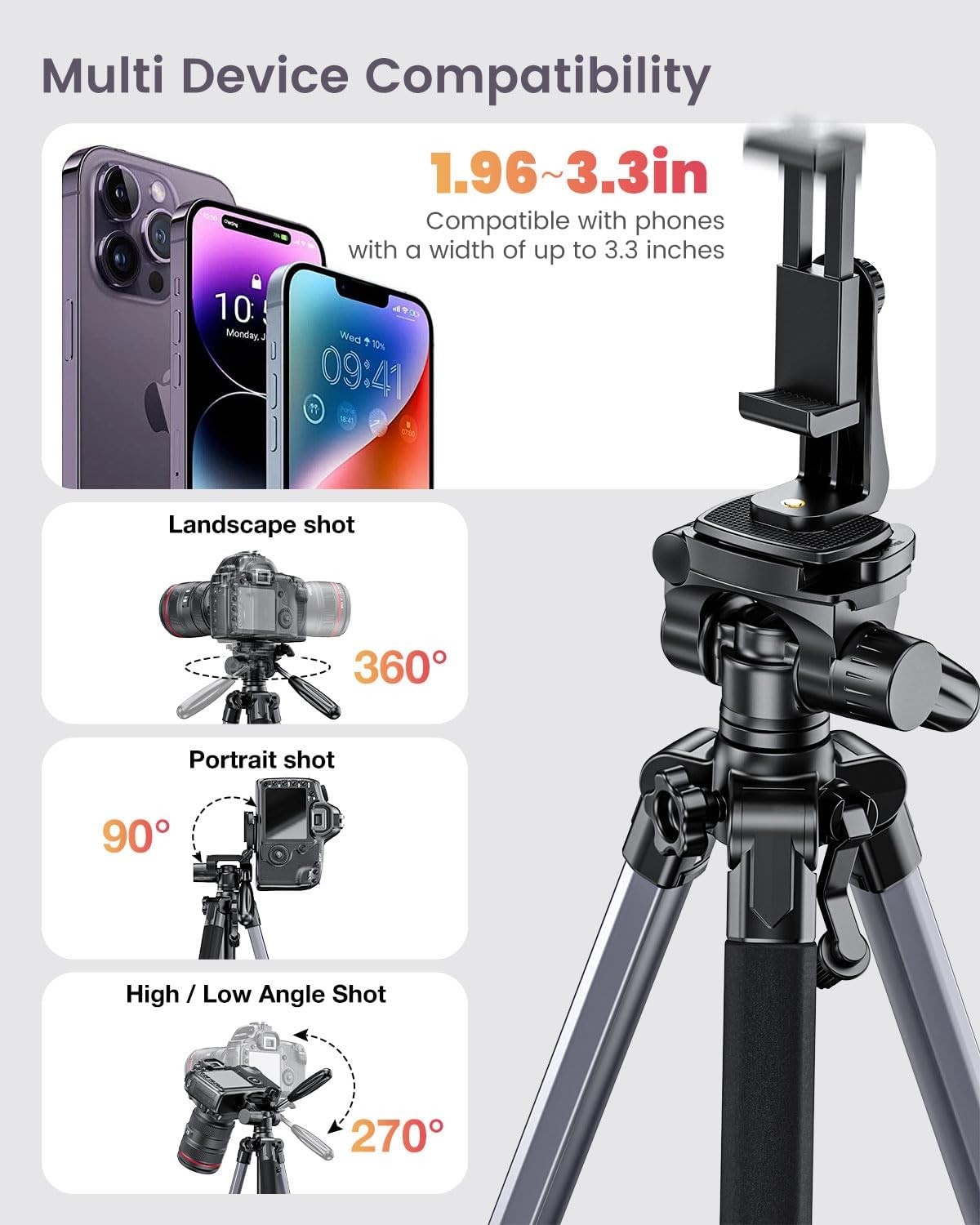 Thumbnail 4 de CAMBOFOTO 74″ Aluminum Camera Tripod with 360° Pan Head & Phone Mount