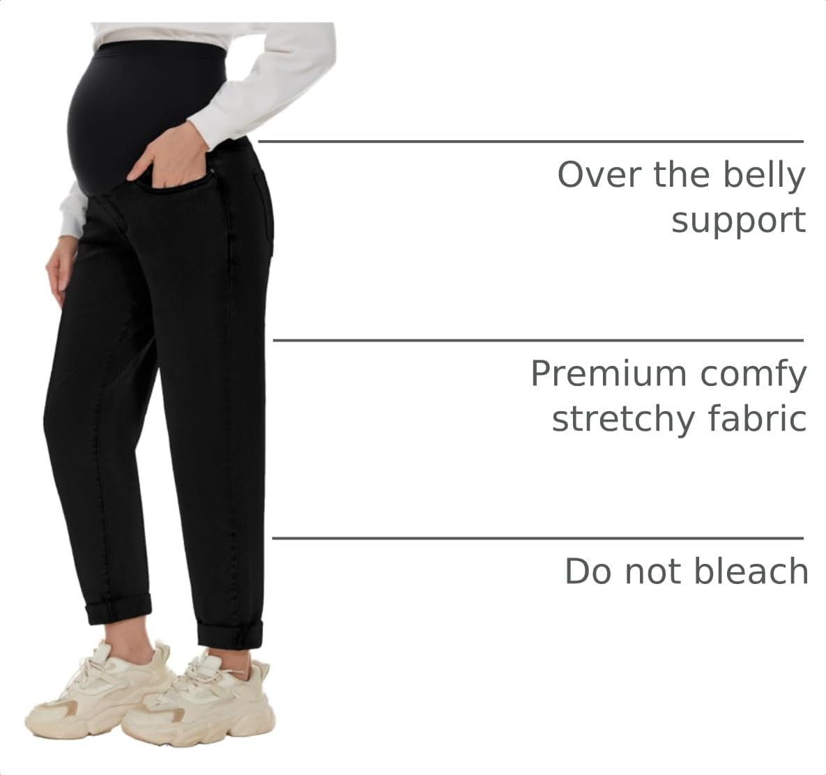 Detalle de POSHGLAM Women's Maternity Boyfriend Jeans with Over-the-Belly Panel