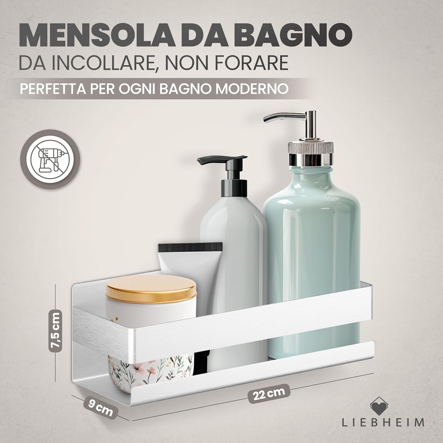 Detalle de LIEBHEIM Porta Sapone Doccia in alluminio spazzolato: mensola bagno senza foratura