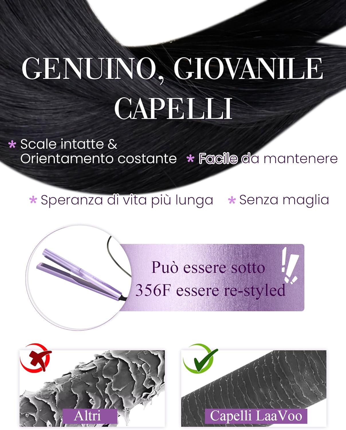 Detalle de LaaVoo Extension Capelli Veri Cheratina Nero Jet 50g – 35 cm, 50 Ciocche U-Scherzo per Uso Quotidiano