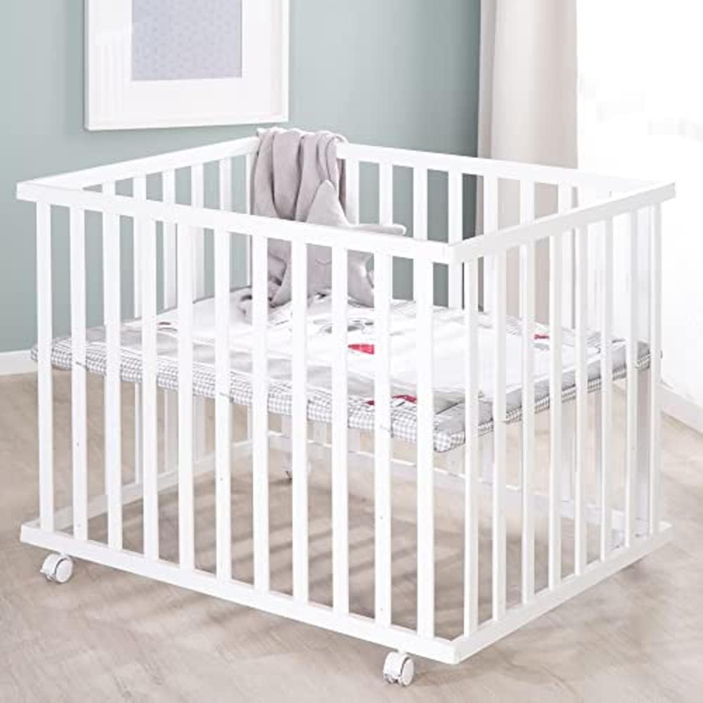 Thumbnail 5 de Roba Parc Bébé Rectangulaire en Bois 75 x 100 cm avec Tapis et Roues à Freins – Base Ajustable en Hauteur