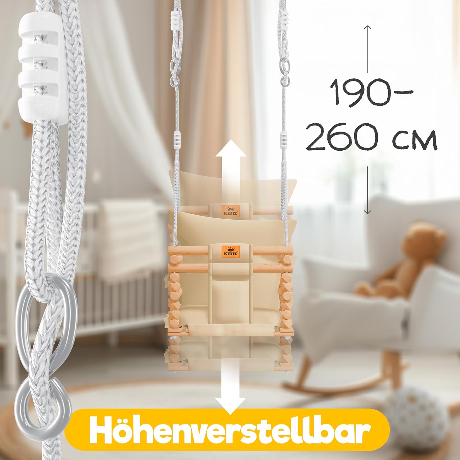 Detalle 2 de KIDIZ Babyschaukel für Babys ab 6 Monaten bis 3+ Jahre – höhenverstellbar, Holzschaukel mit Polsterung, Beige