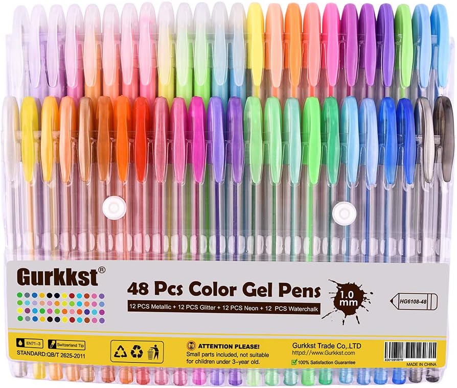 Detalle de Gurkkst 48-Pack Colour Gel Ink Pens Set: 12 Metallic, 12 Glitter, 12 Neon & 12 Water Chalk
