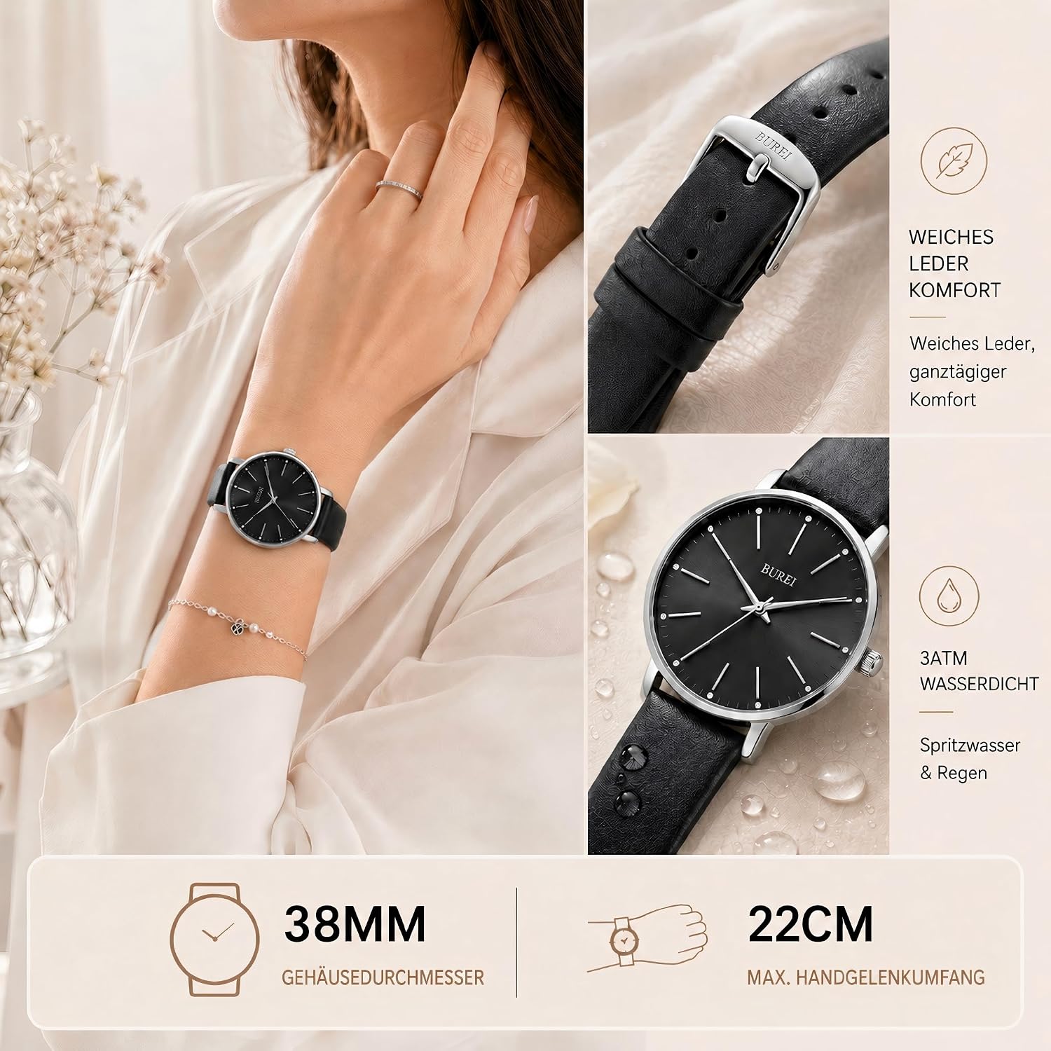 Thumbnail 4 de BUREI Montres Dames Mode Simple Analogique en Cuir – 38 mm, Étanche 3 ATM
