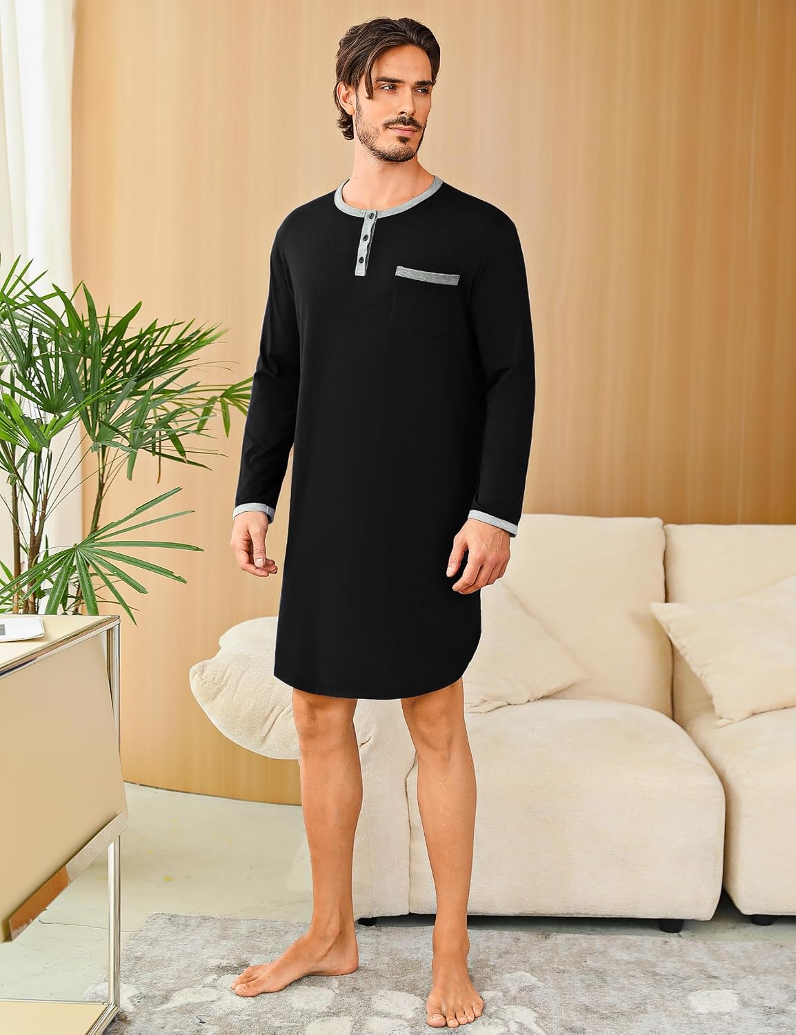 Detalle de Uniexcosm Hauts de Pyjama pour Hommes — Chemise de Nuit à Manches Longues, Col Rond et Poche, Taille S–3XL
