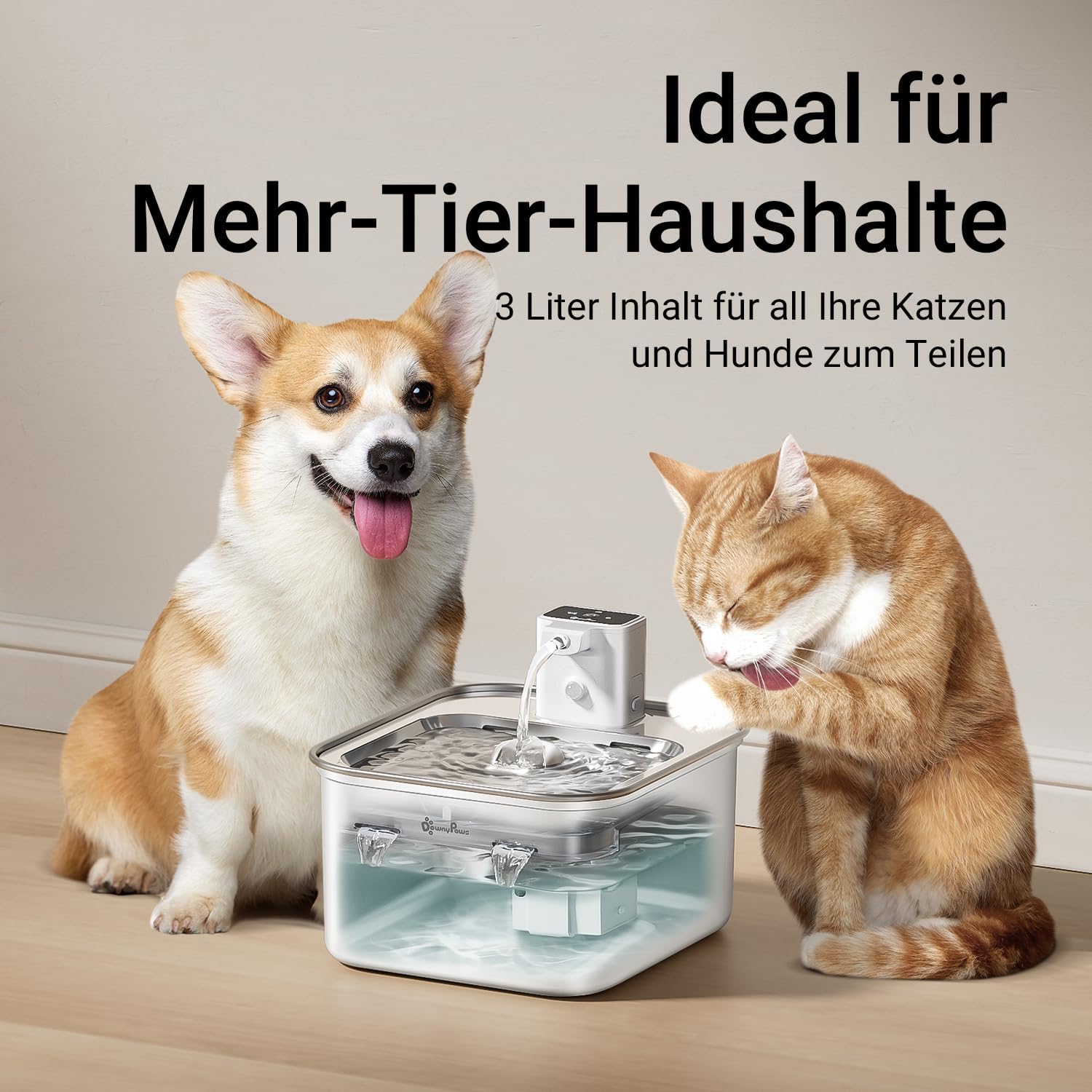 Thumbnail 6 de DownyPaws Katzenbrunnen Edelstahl kabellos mit Bewegungsmelder und Akku (Elfenbeinweiß)