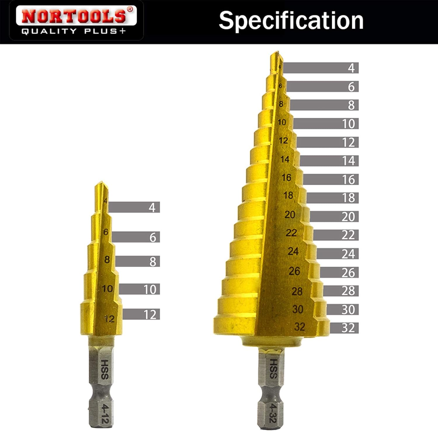 Thumbnail 1 de NORTOOLS Stufenbohrer-Set, 2 Stück – Hochgeschwindigkeits-Stahl, TiN-beschichtet, 1/4-Zoll-Schaft