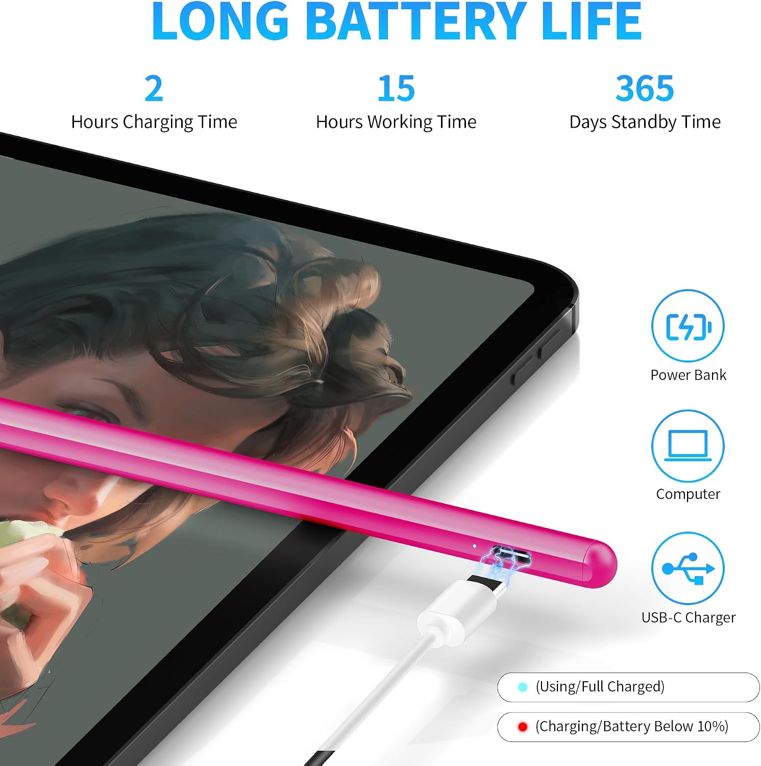 Detalle de DRYMOKINI Stylus Pen (Active Stylus, USB‑C Rechargeable) for iPad/iPhone & Android Touch Screens, 1.5 mm Tip, Baby Pink