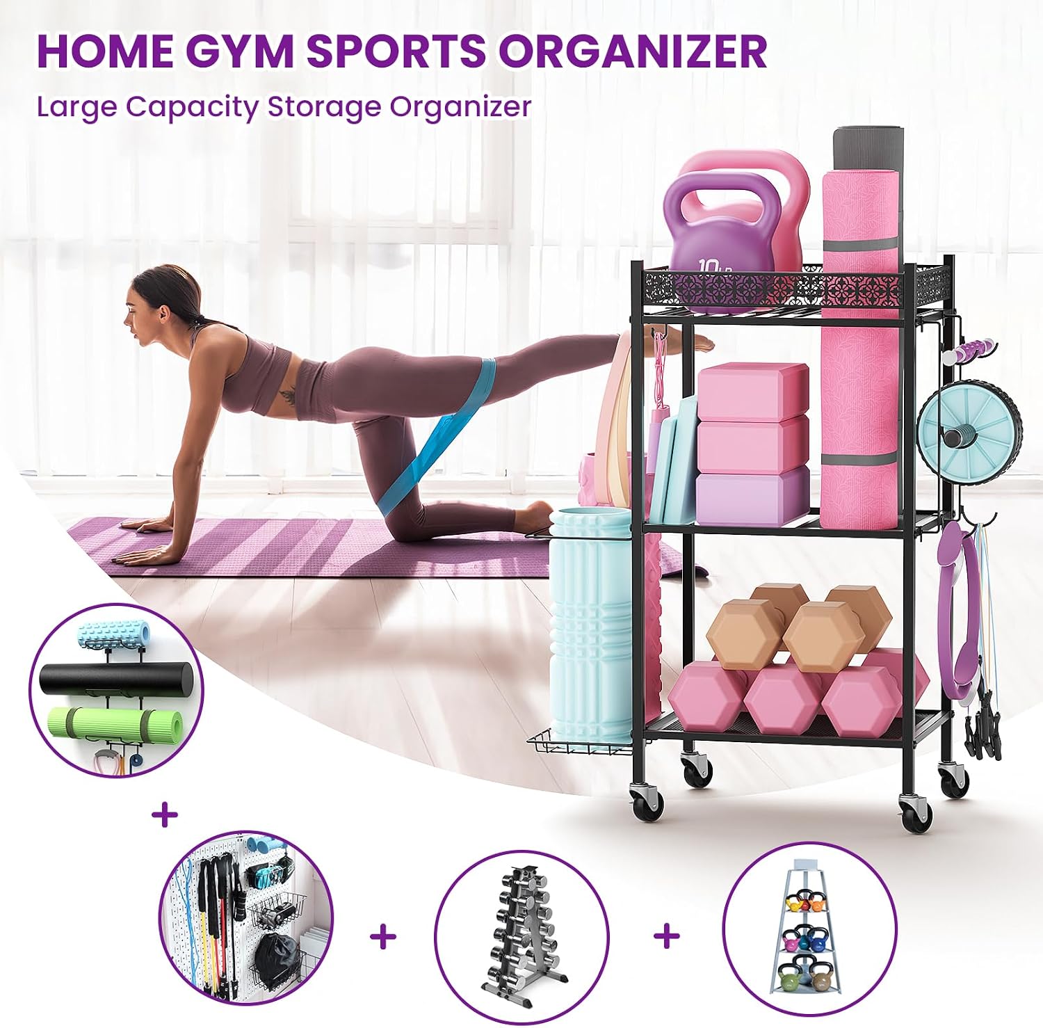 Detalle 2 de VOPEAK Yoga Mat Storage Rack, 3-Tier Metal Organizer with Locking Wheels