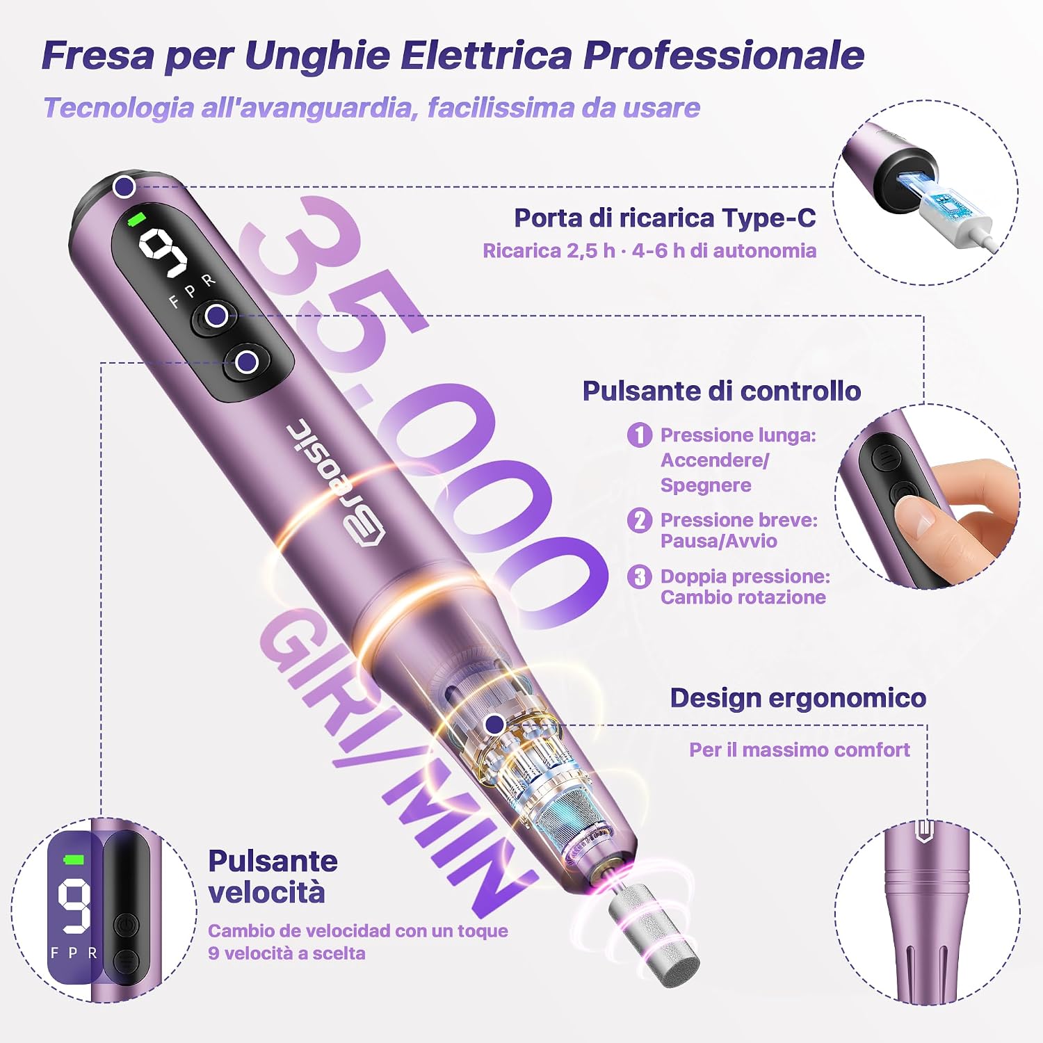 Thumbnail 1 de Breosic Fresa per Unghie Professionale 35000 Giri: Frese Wireless 12 in 1 con Display LED