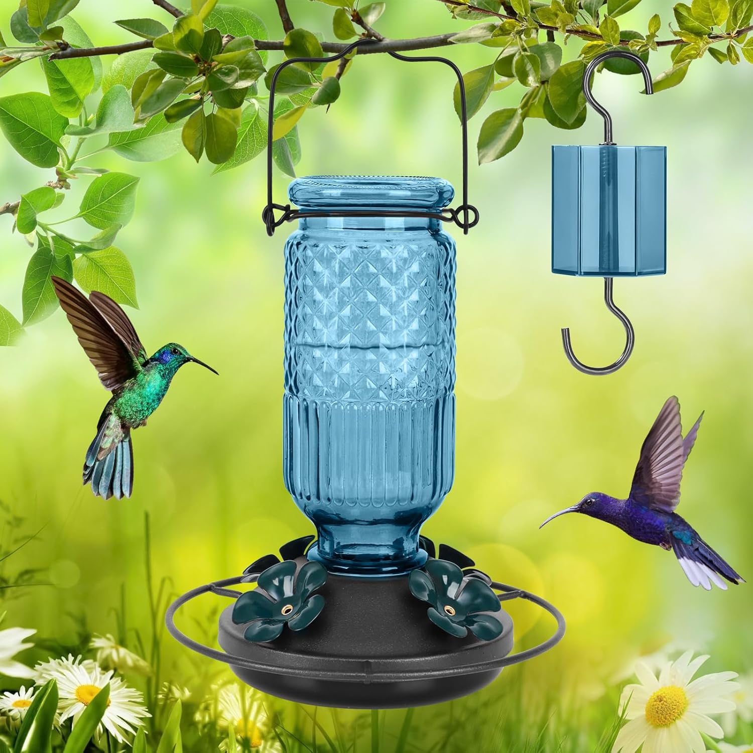 Thumbnail 5 de FEED GARDEN Glass Hummingbird Feeder (16oz) with Bee Guards & Ant Moat, Blue