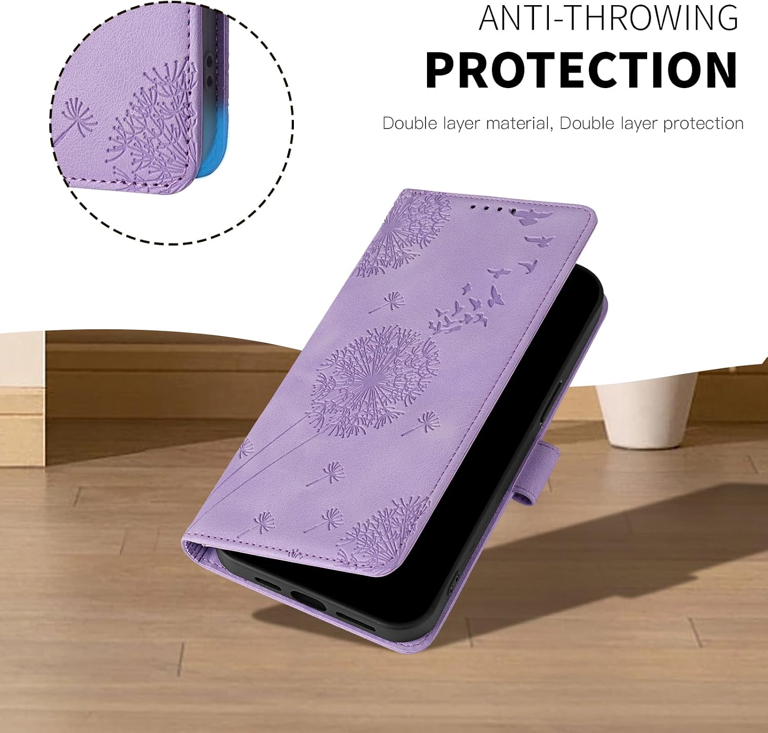 Detalle de Rostsant Flip-Case für Xiaomi 17 – Brieftasche Hülle aus PU-Leder, Löwenzahn, Violett