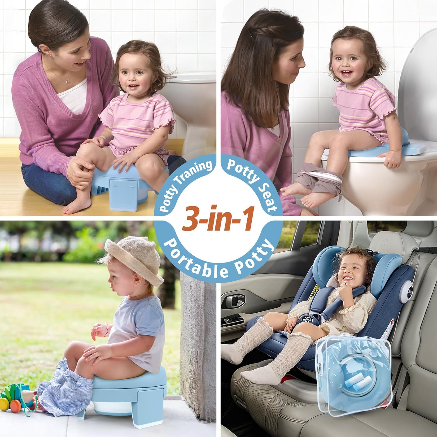 Detalle de Kinder-Toilettensitz 3-in-1 Reise-Töpfchen (blau) – faltbar, tragbar und mit Einweg-Einsätzen