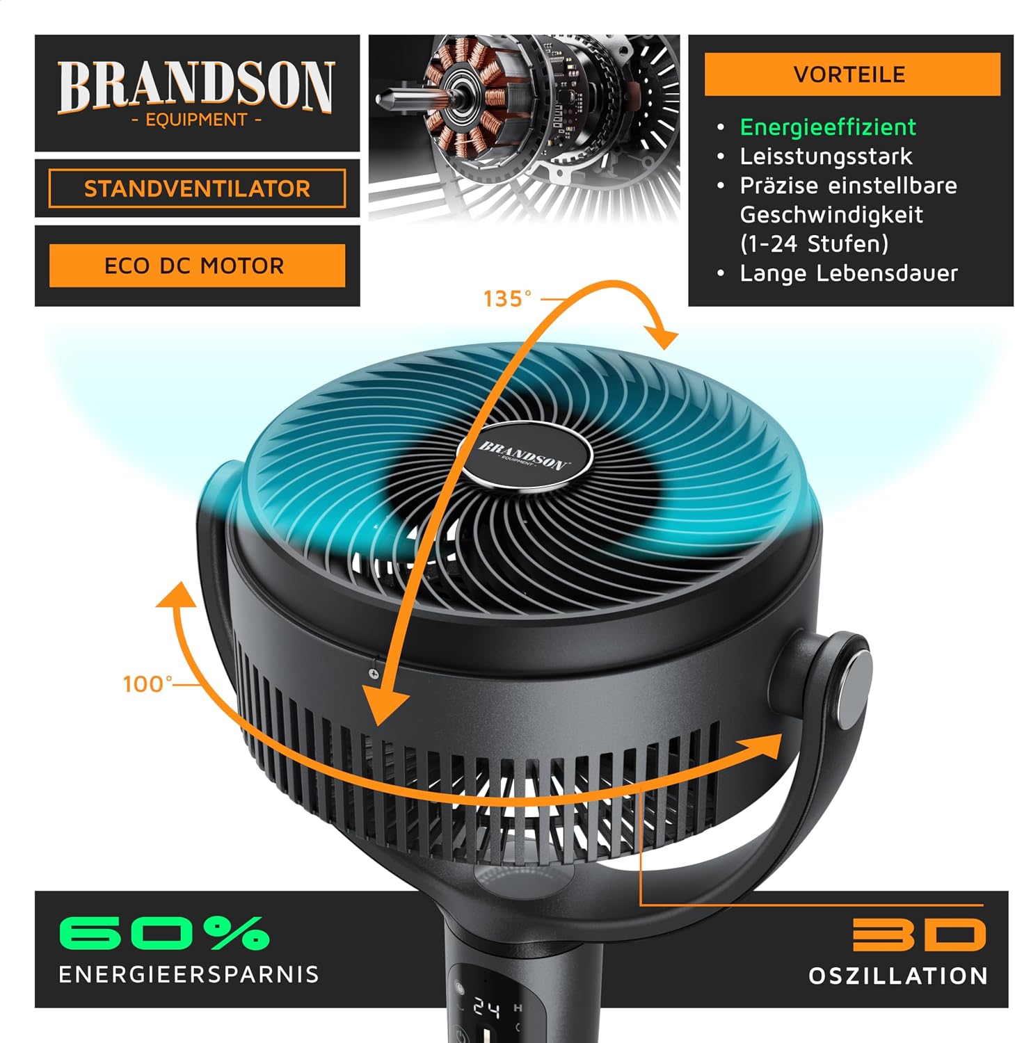 Detalle de Brandson 3D Standventilator mit ECO DC Motor – extrem leise, 24 Geschwindigkeiten und flexible Oszillation