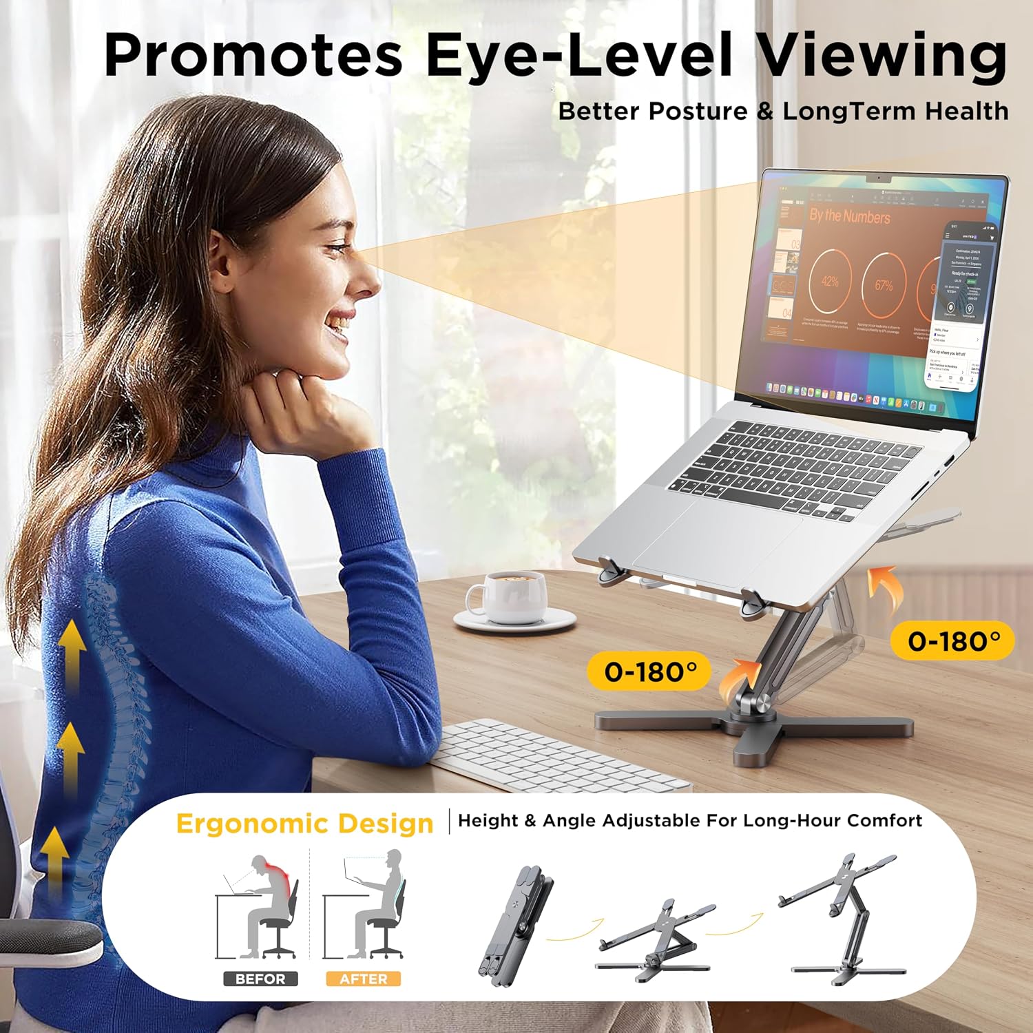 Detalle de FoldWise X Premium Laptop Stand for Desk – 100% Aluminium, 11–18” Compatible, 360° Rotating & Adjustable