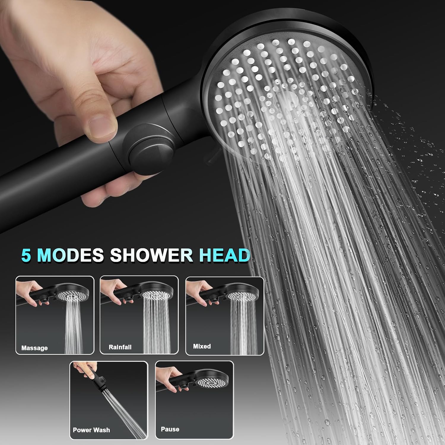 Detalle de FOCSPROD HS004 RV Handheld Shower Head, 5 Modes, 60-Inch Hose, Matte Black
