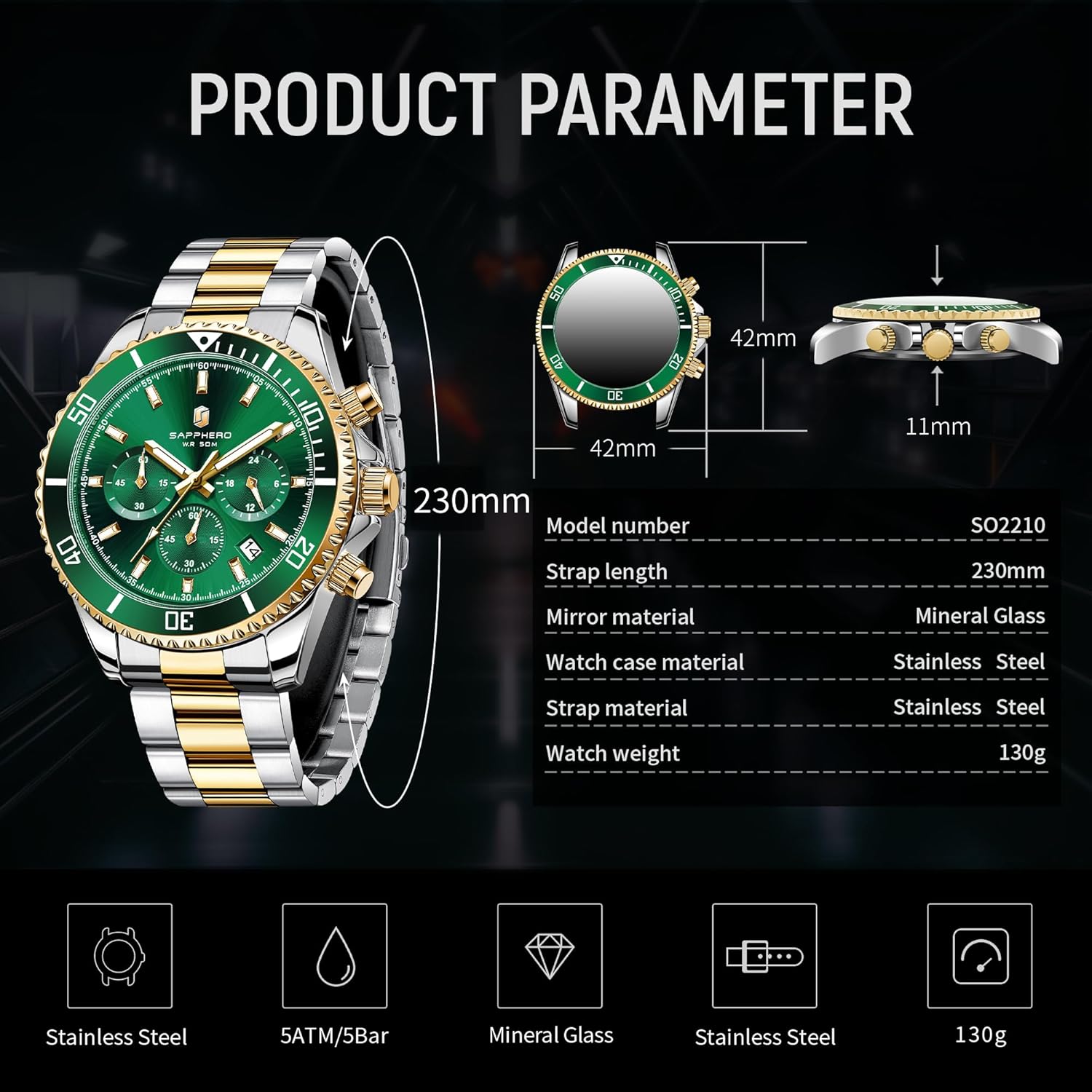 Thumbnail 5 de SAPPHERO Orologio da Uomo Analogico Quarzo Cronografo 50M — Acciaio, 42 mm, Design Classico e Sportivo