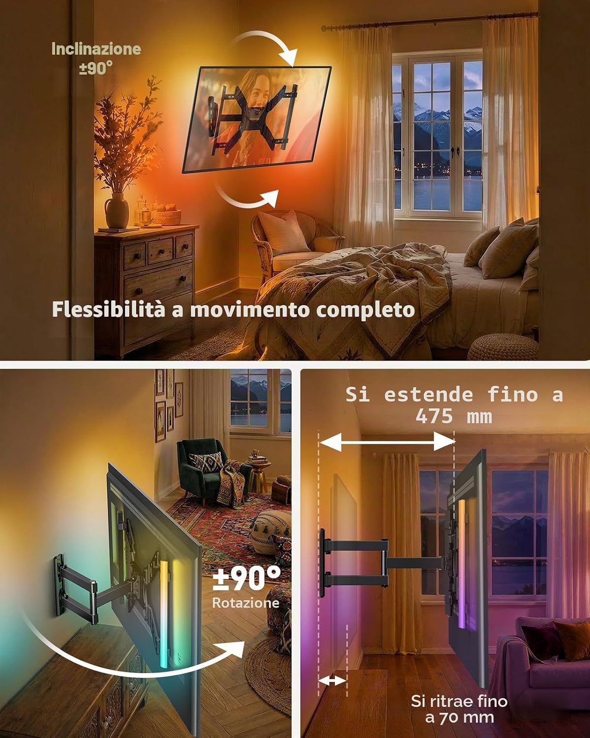 Detalle de Perlegear PGTVM79B: Supporto TV a parete con barra LED 25–60'' e illuminazione sincronizzata