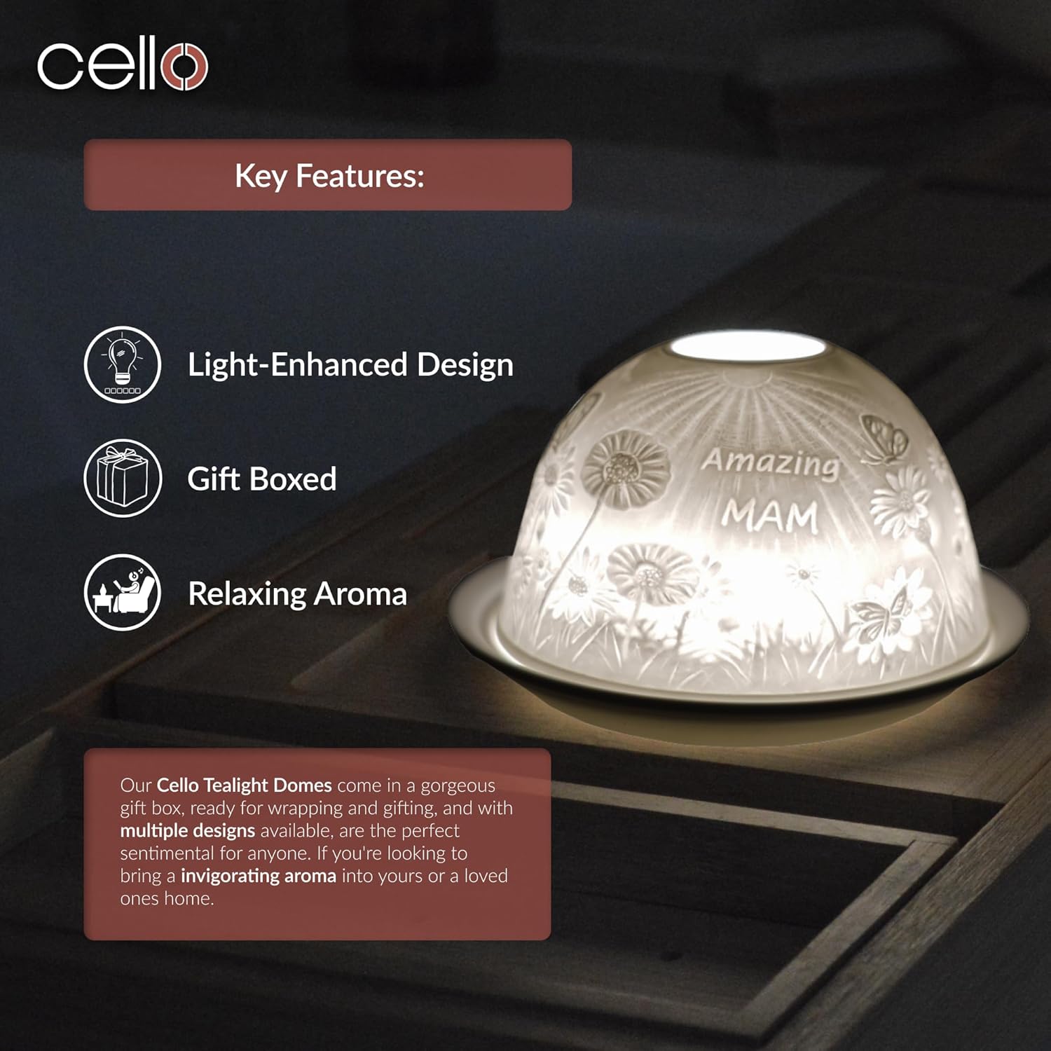 Thumbnail 2 de Cello Porcelain Tealight Holder Dome – “Amazing Mam” lithophane with 3D projection (LED or tealight)