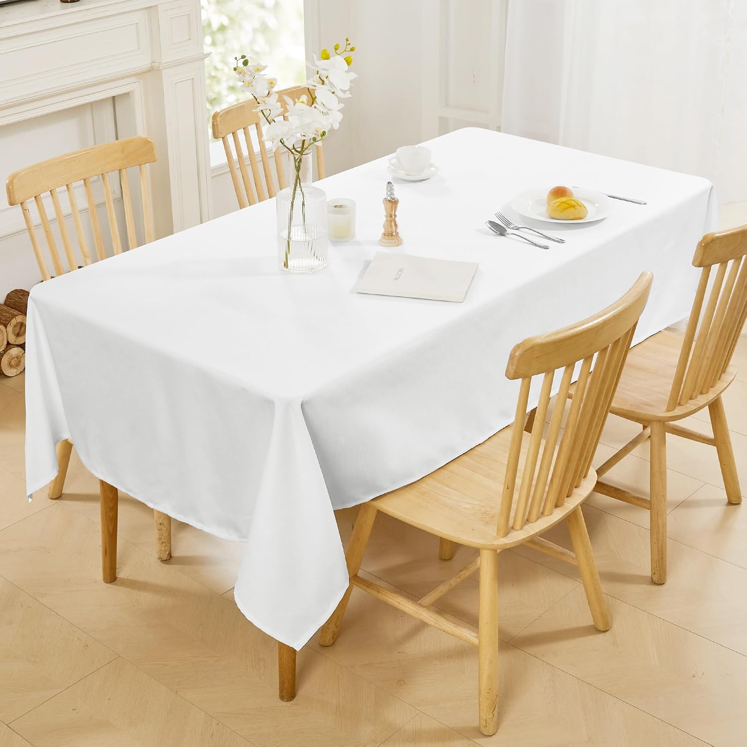 Detalle 1 de Deconovo Nappe Rectangulaire Lavable Imperméable Effet Lin – 220×140 – Blanc Pâle Gris