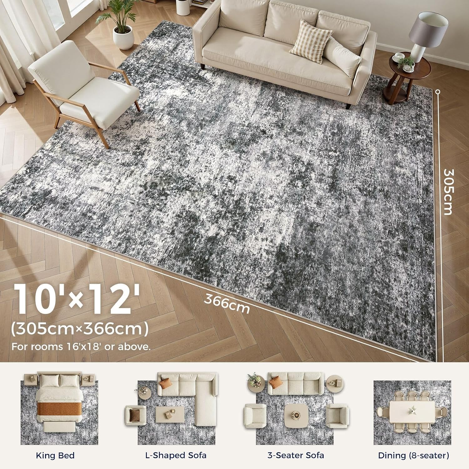 Thumbnail 1 de DMOYEST 10x12 Washable Low Pile Area Rug for Living Room, Bedroom, Dining Room & Office (Grey)