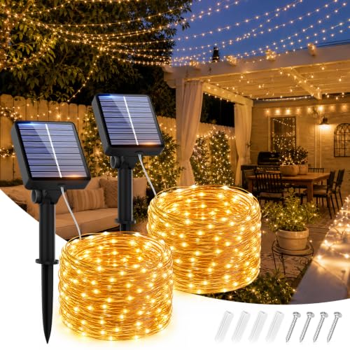 Detalle de Hoteril Luci Solari da Esterno 2 Pacchi 15+2M 150 LED IP65 – Decorazioni per Giardino, Patio e Alberi