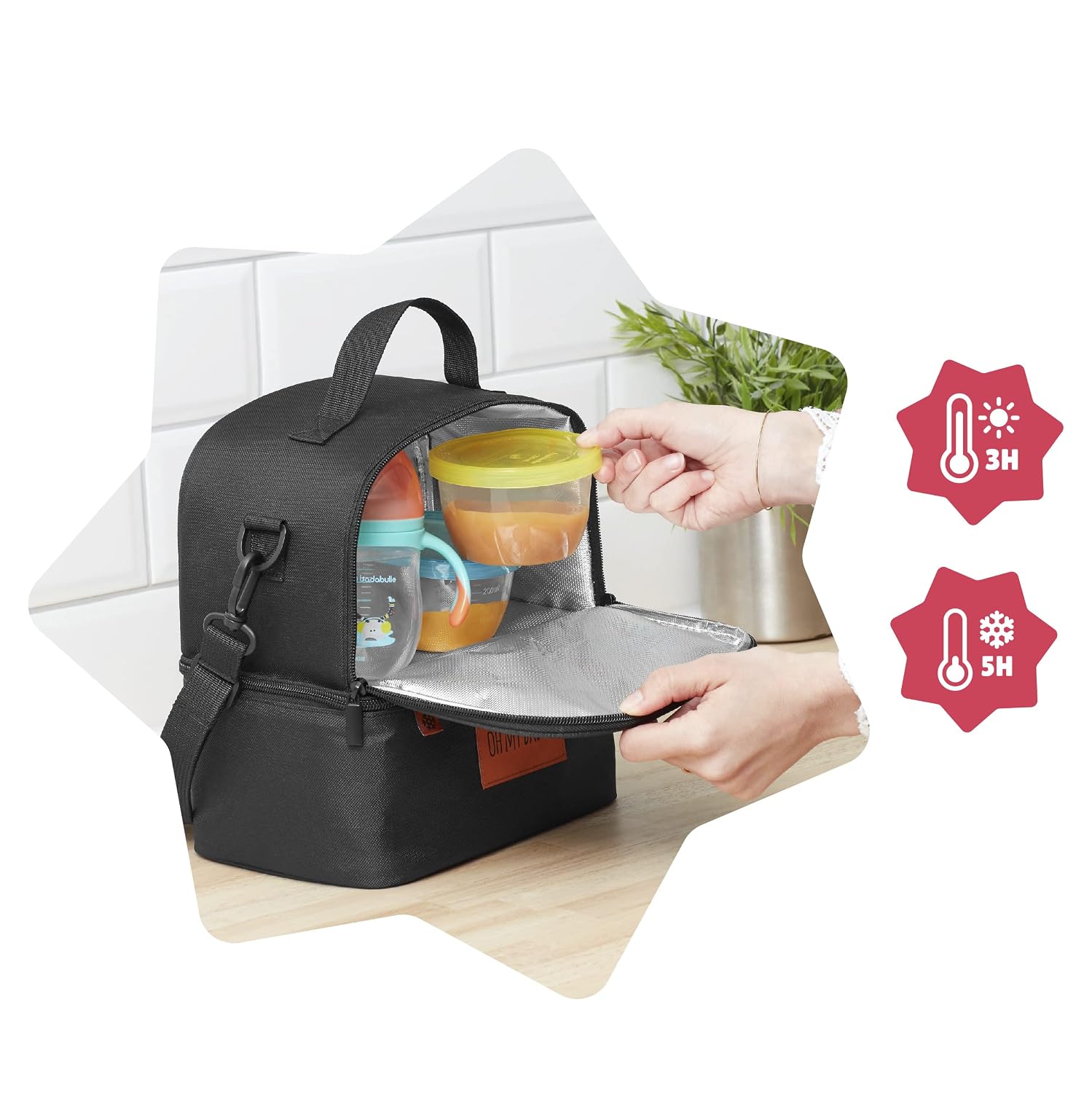 Detalle de Badabulle Isoliertasche Pick & Go mit separaten 2 Innenfächern – 5-Liter-Wärme/Kälte-Transport für Babymahlzeiten