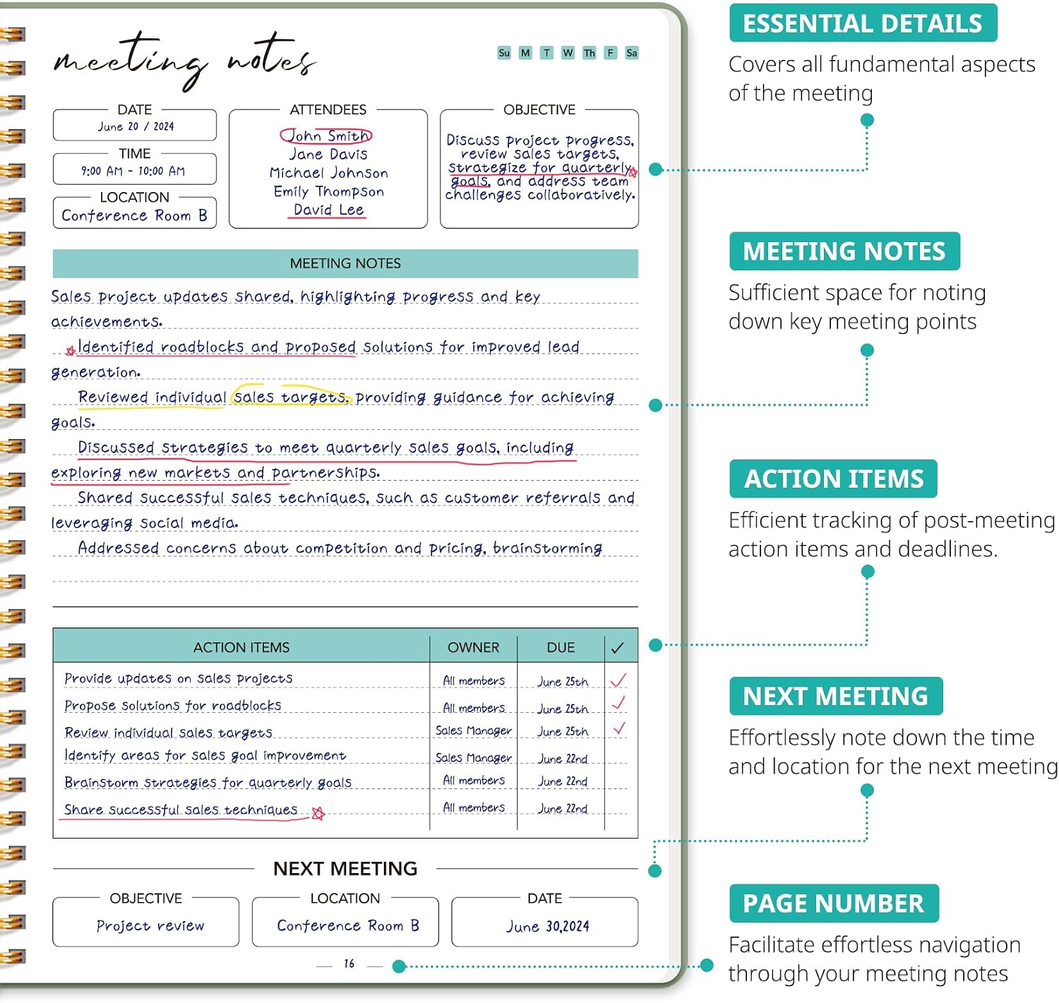 Detalle de Taja T011-New-Meeting-Green Meeting Notebook, 6.9 x 9.7 in, 140 Pages