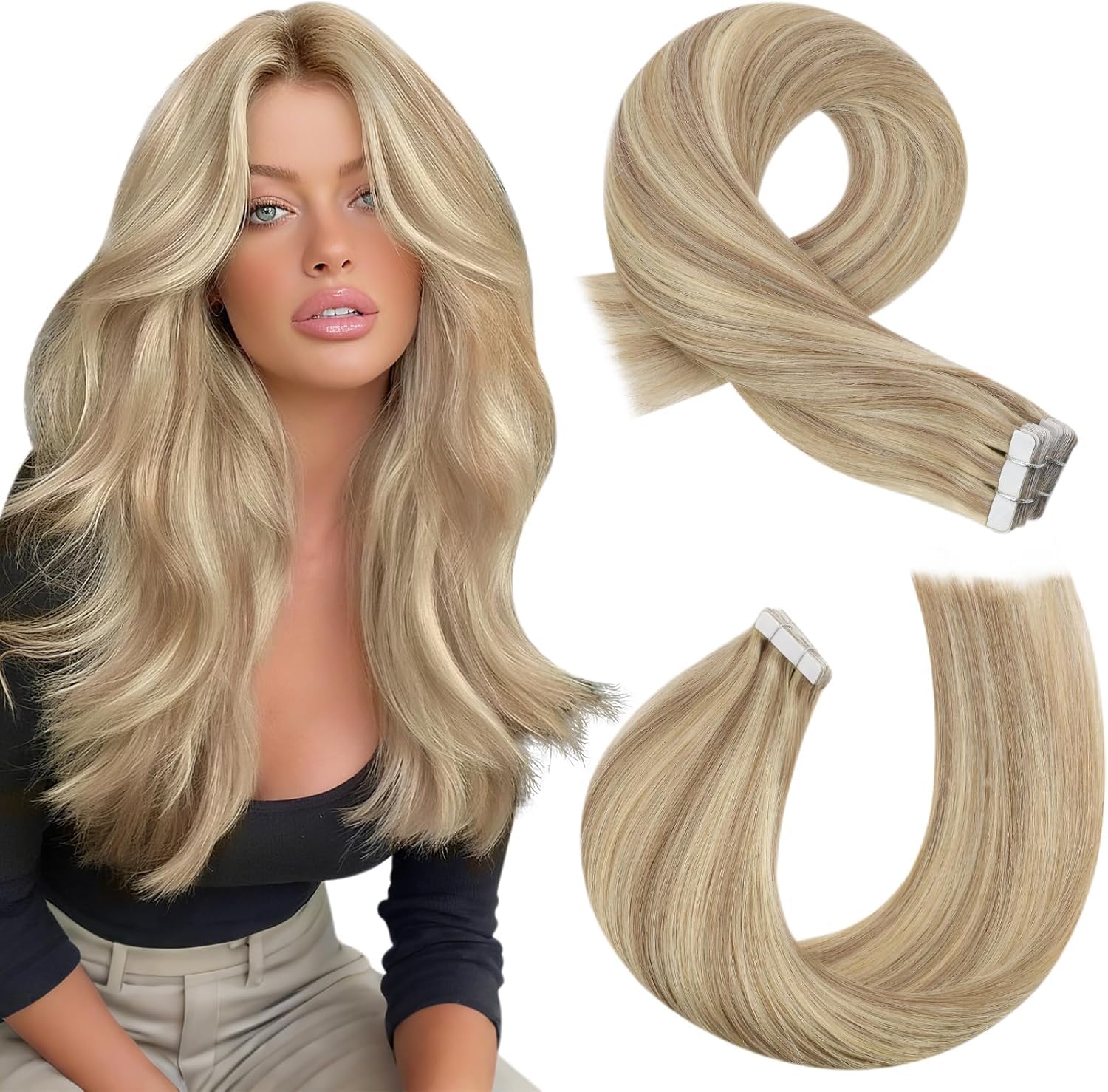 Detalle de Moresoo Tape Extensions Echthaar Blond – 50 cm, 20 Stück/50 g