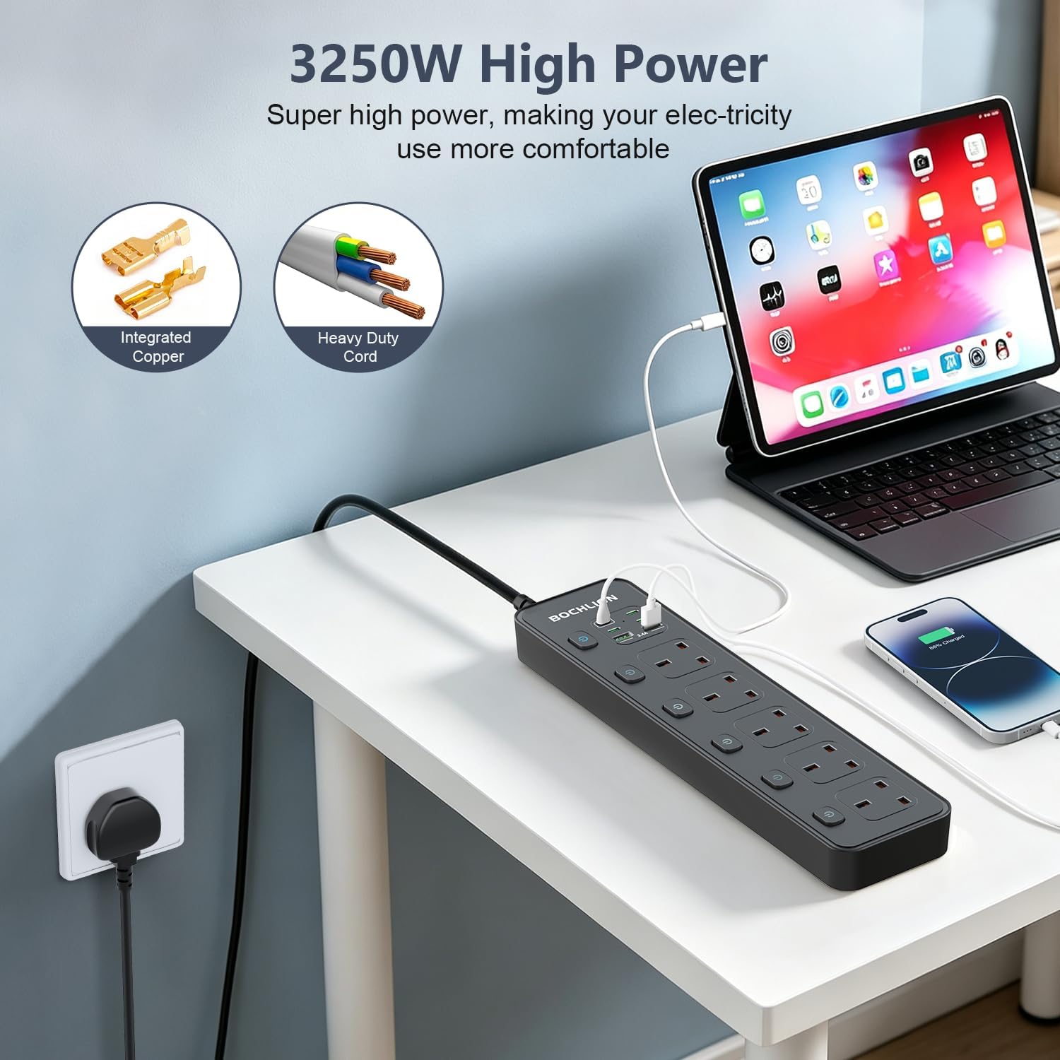 Thumbnail 6 de BOCHLION 6 USB Ports 5-Way Extension Lead with PD30W Socket