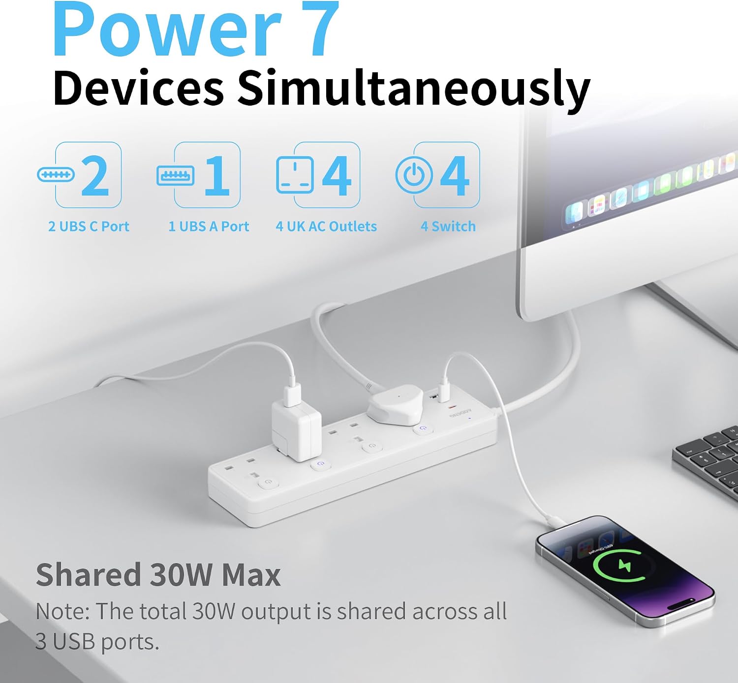 Detalle de Extension Lead with 4 Sockets and 3 USB Ports (30W) – 2m, 4 Individual Switches, Surge Protected, Wall Mountable