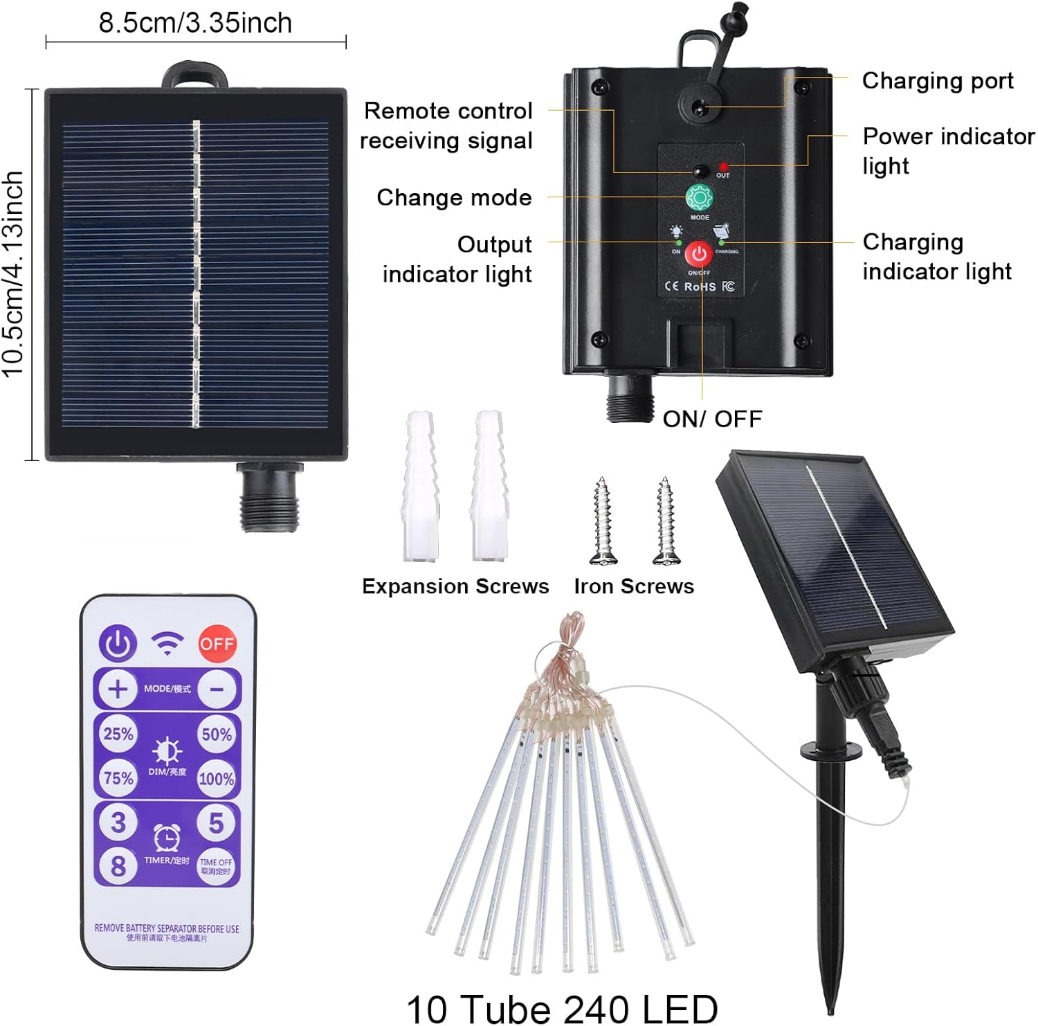 Thumbnail 5 de Acxilexy Solar Meteorschauer Regenlichter – 30 cm, 10 Röhren, 240 LEDs, Fernbedienung, IP67 Außenbeleuchtung
