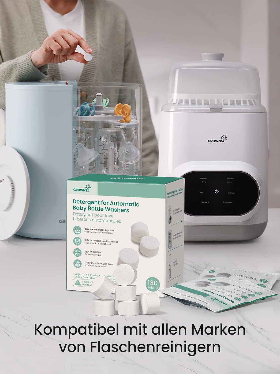 Detalle de Grownsy 130 Stück Babyflaschen Reinigungstabletten – kompatibel mit Grownsy, Baby Brezza, Momcozy