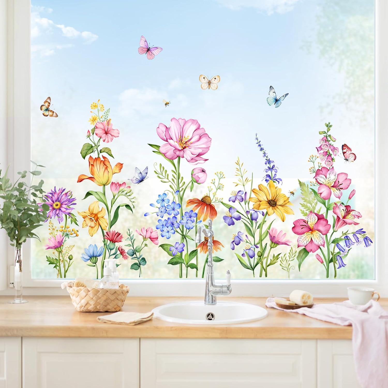 Detalle 2 de Supzone Flower Window Stickers 100 x 50 cm: Double-Sided Floral Clings for Glass and Mirrors