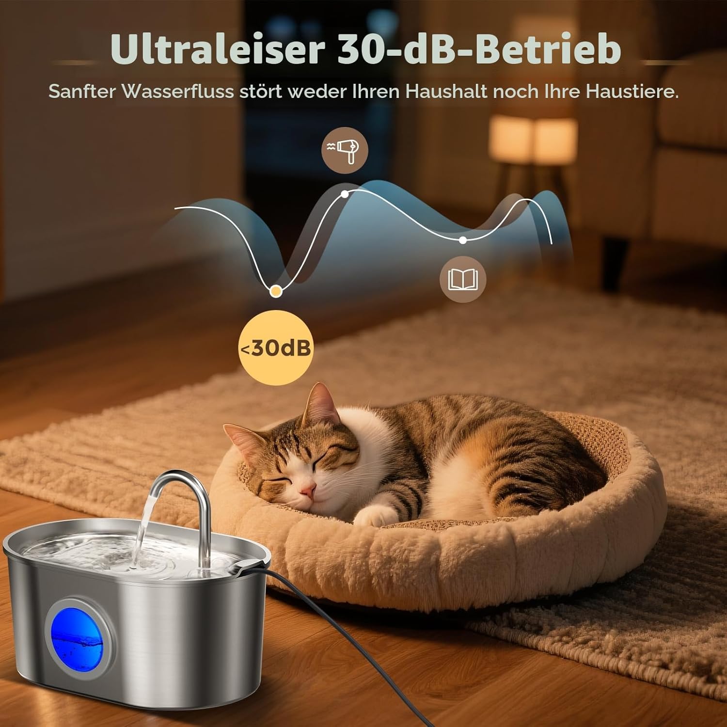 Detalle 2 de Invengo MeowFlow B30 Trinkbrunnen für Katzen (2,2 l) aus Edelstahl mit Wasserfenster