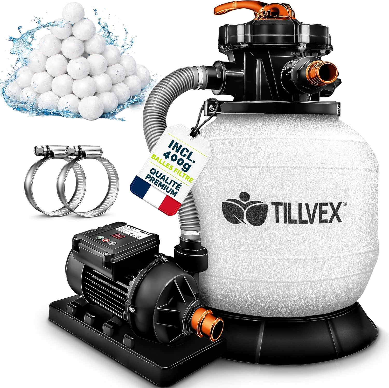 Detalle de Système de filtration à sable tillvex® 7.900 L/h avec vanne 7 fonctions, indicateur de pression et boules filtrantes
