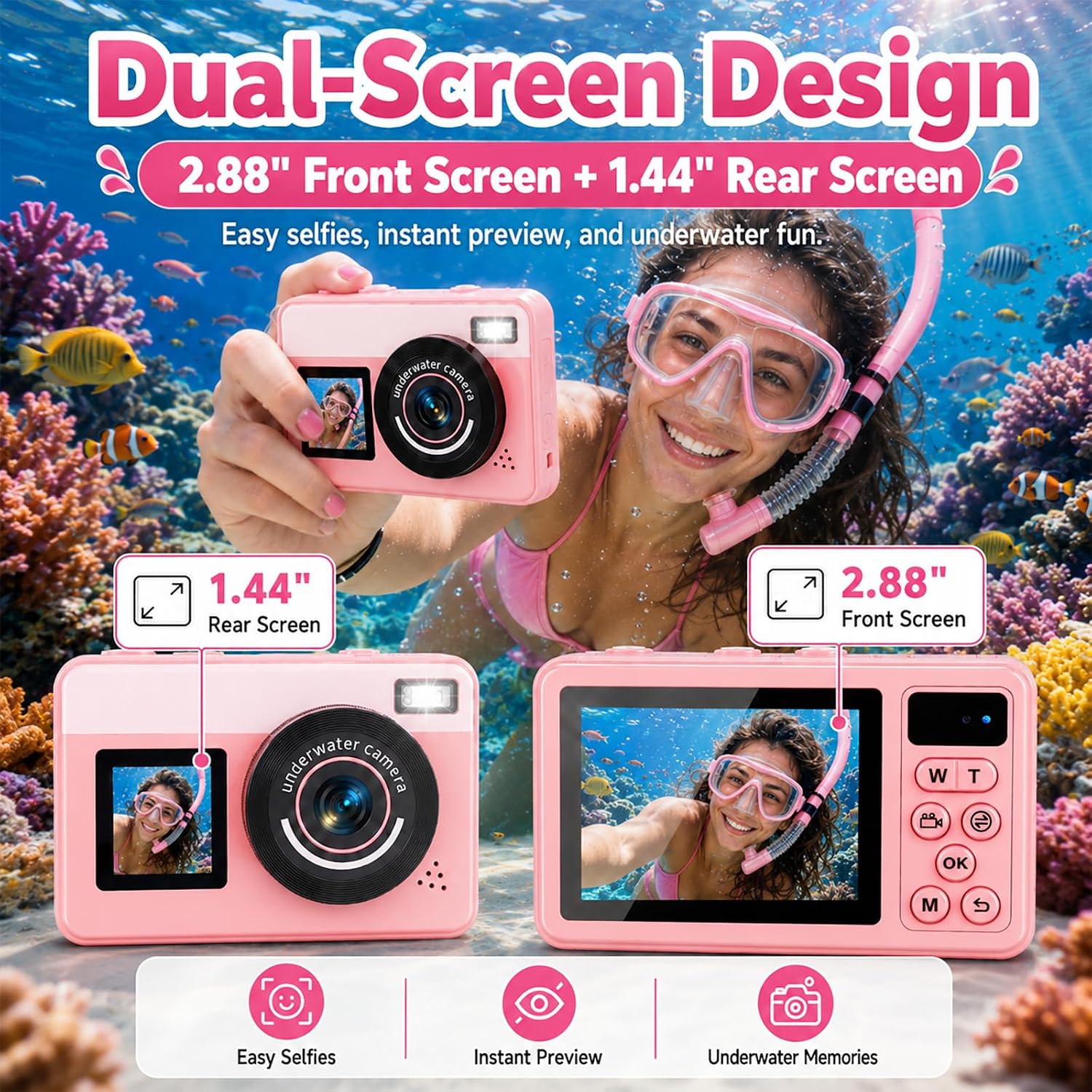 Detalle de Maxmango D70: Fotocamera subacquea 4K 48MP con doppio schermo e zoom 18x – Rosa
