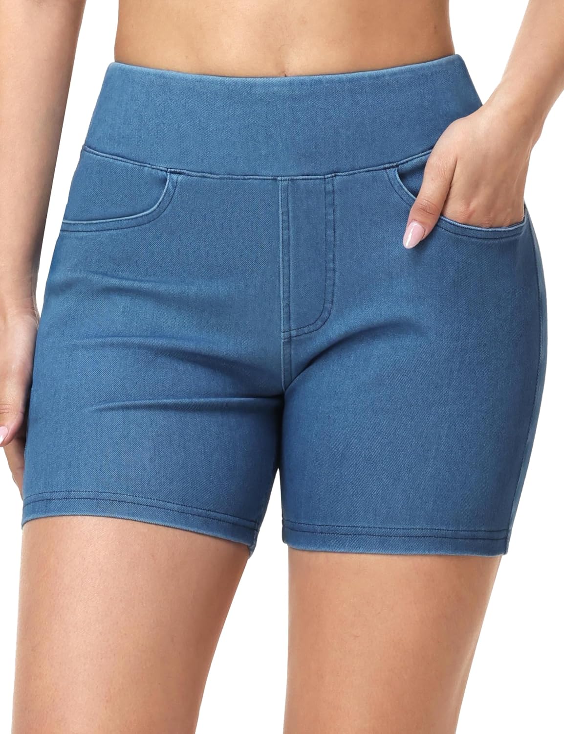 Thumbnail 1 de THE GYM PEOPLE Women's Stretchy Denim Shorts, 5-Inch High Waist