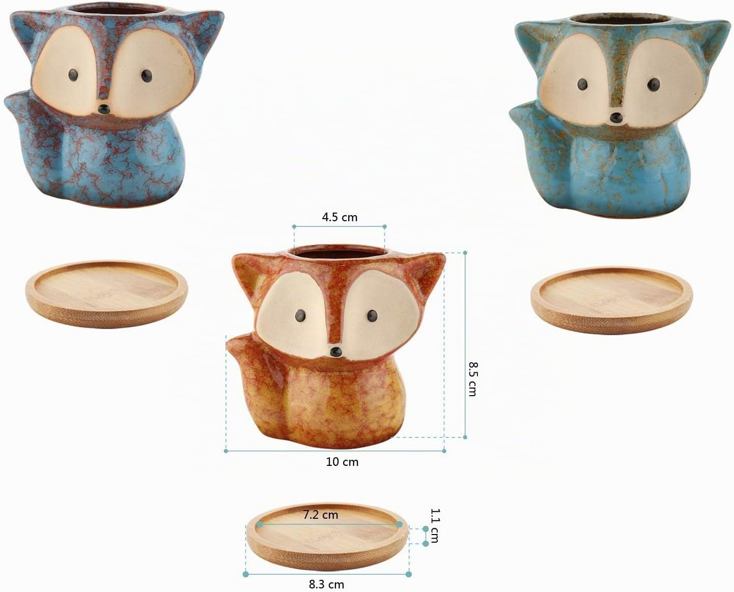 Detalle de T4U Vasetti per Piantine in Ceramica con Vassoio – Set di 3, design volpe per piante grasse da interno