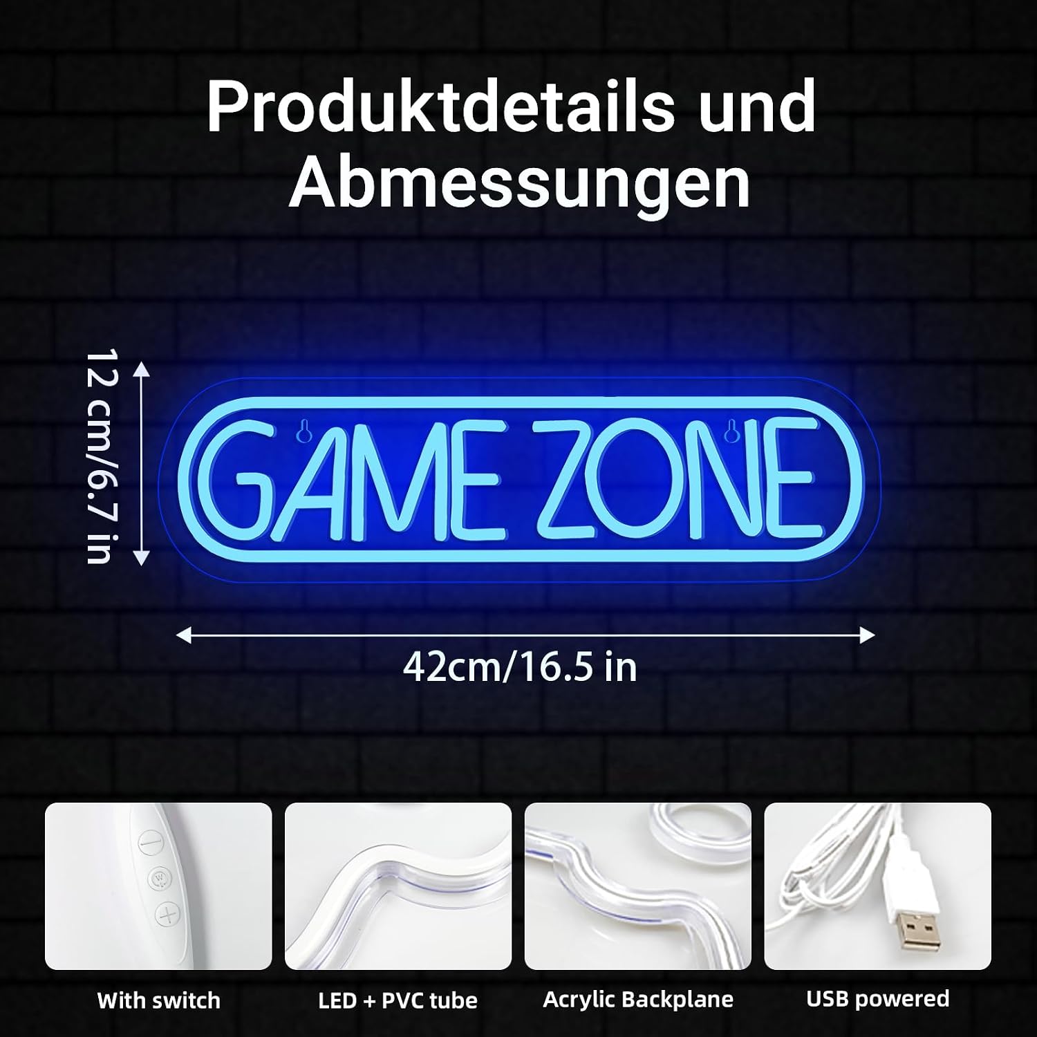 Detalle de Wanxing NS-FY001-game zone neon-ledwandbord blauw, 42 x 12 cm